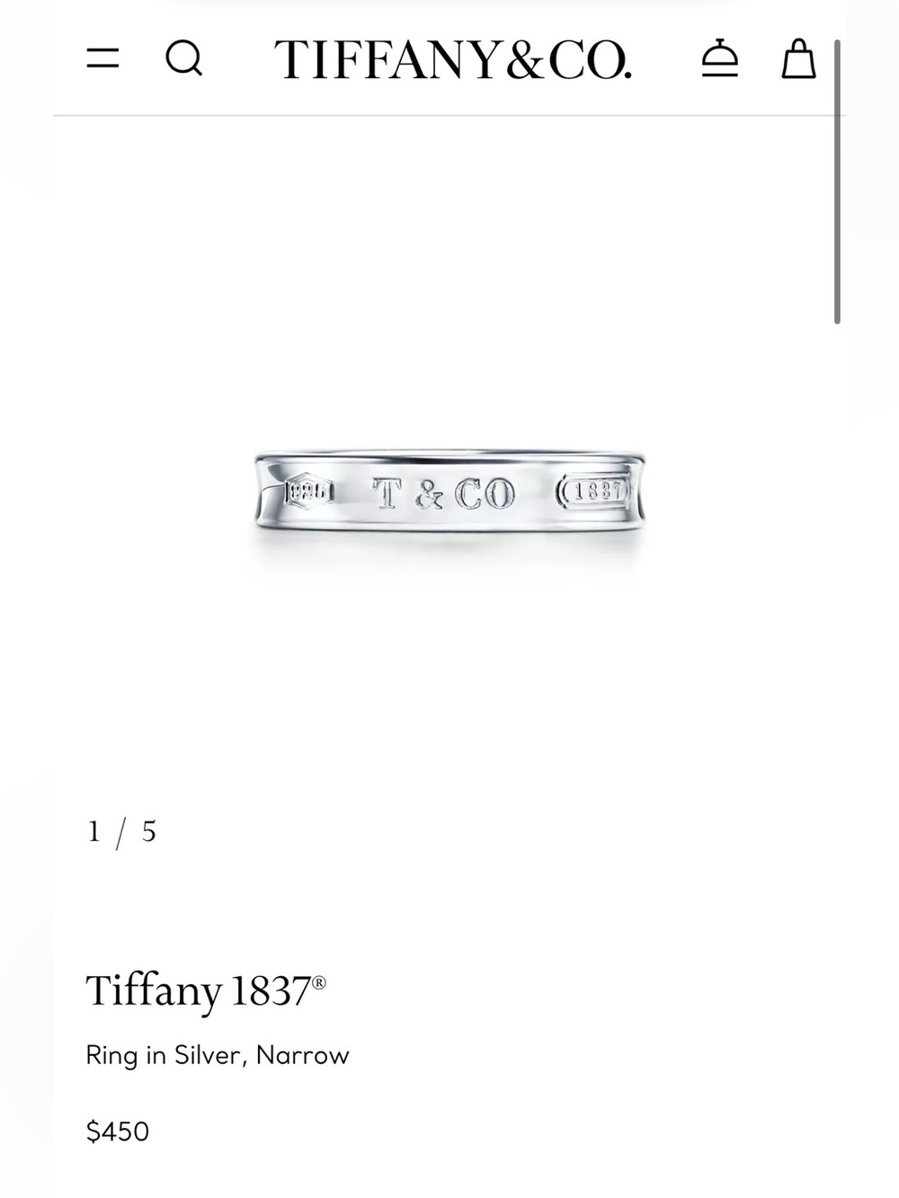 Authentic Tiffany 1837® Ring in Silver, Narrow, with dust bag side 5